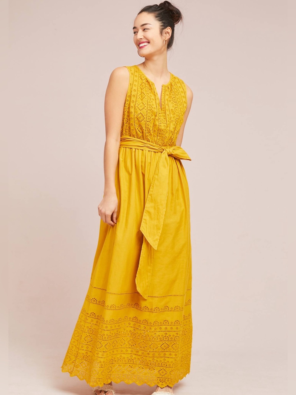 Anthropologie Sunflower Yellow Sleeveless Eyelet Maxi Dress with Waist Tie